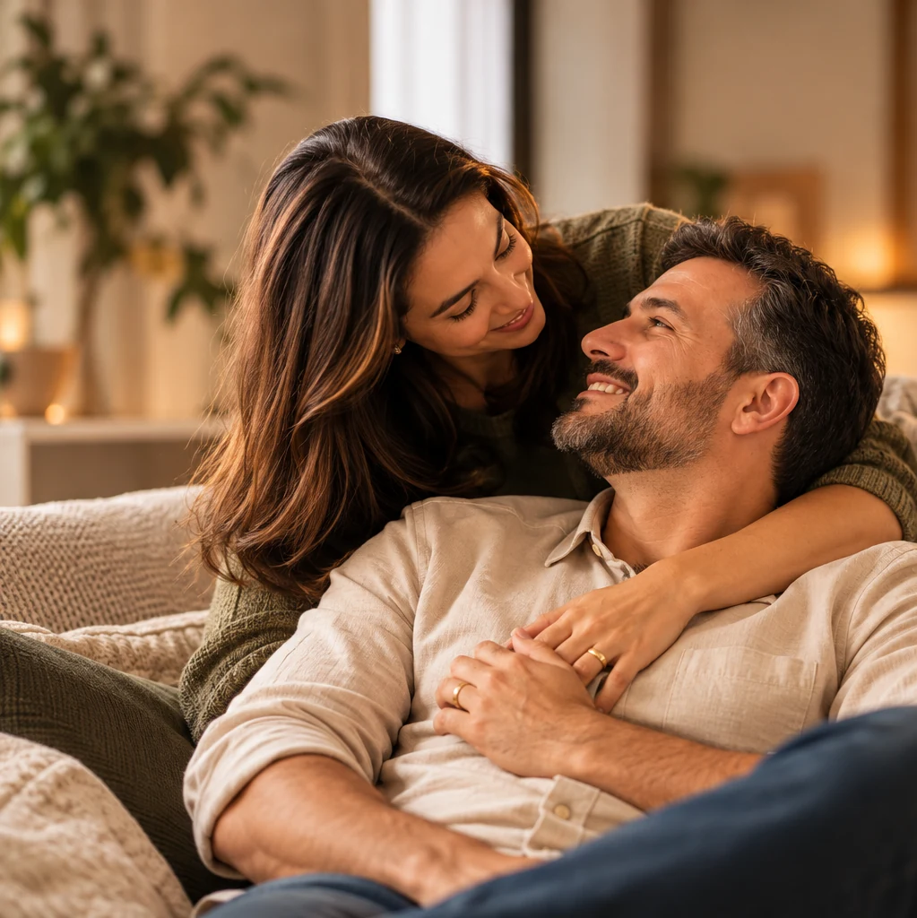 Casal casado sorrindo e trocando um abraço carinhoso em casa, com alianças visíveis